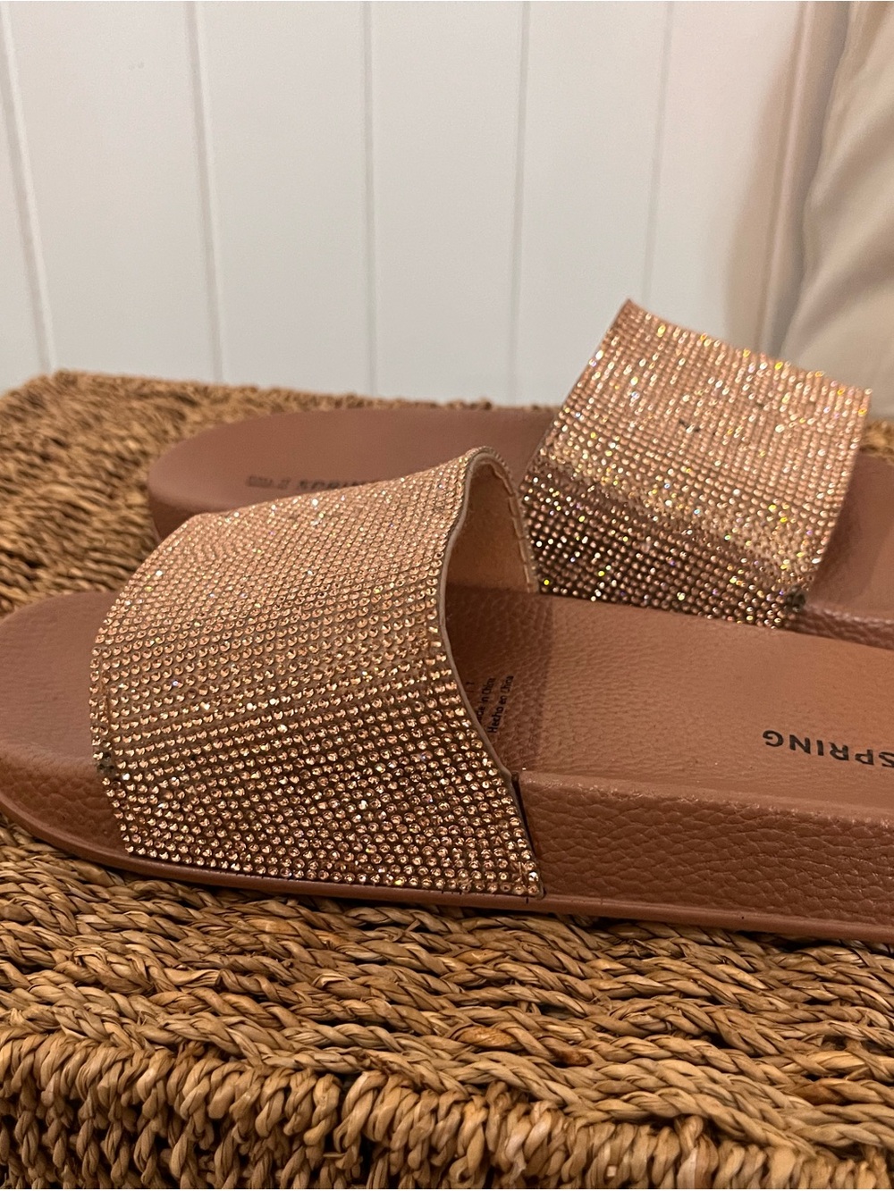 Call It Spring Rose Gold Rhinestone Slide Sandals
